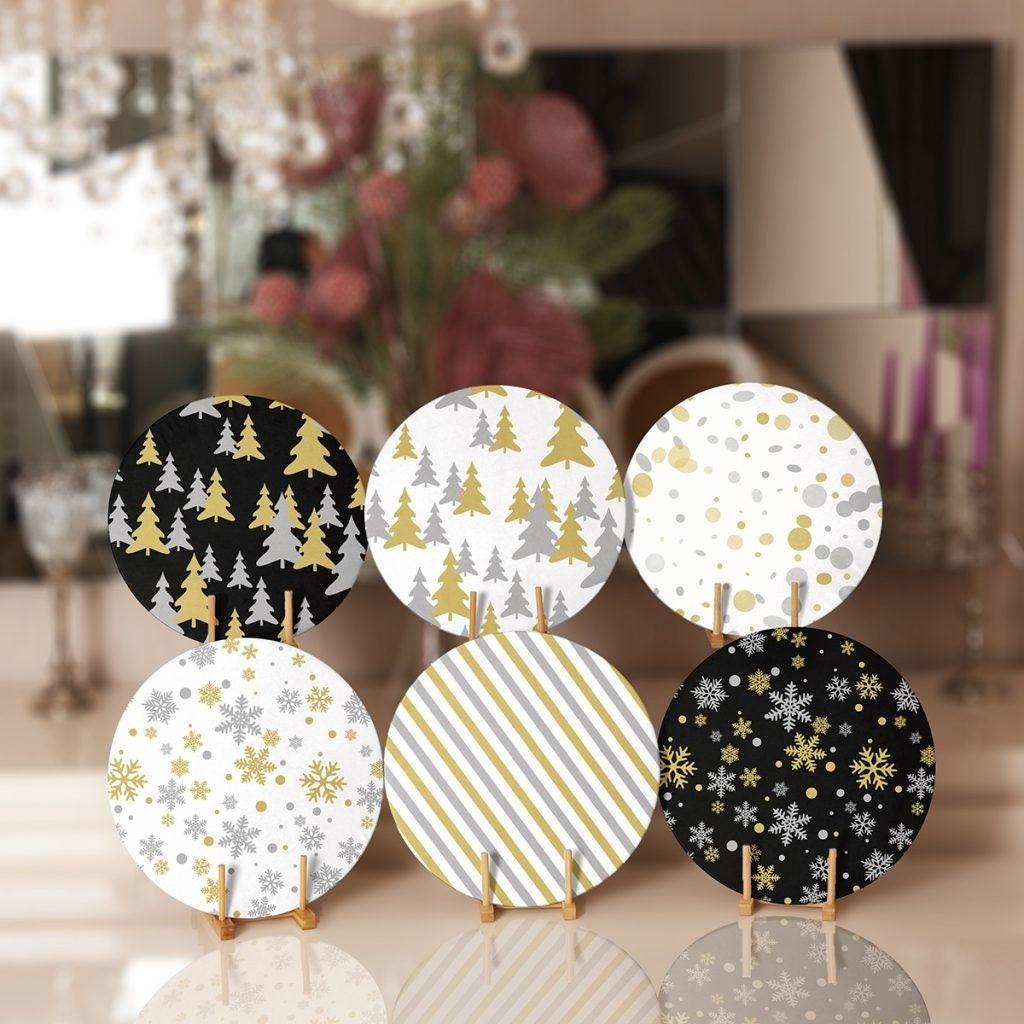 Winter Trend Placemat|Set of 6 Xmas Supla Table Mat|Pine Tree Round Dining Underplate|Black Gold White Striped Dotted Snowflake Coaster Set