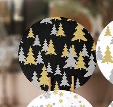 Winter Trend Placemat|Set of 6 Xmas Supla Table Mat|Pine Tree Round Dining Underplate|Black Gold White Striped Dotted Snowflake Coaster Set