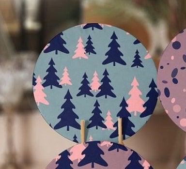 Winter Trend Placemat|Set of 6 Xmas Supla Table Mat|Pine Tree Round Dining Underplate|Snowflake on Rose Gold and Turquoise Color Coaster Set