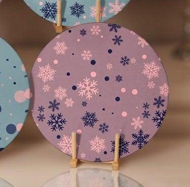 Winter Trend Placemat|Set of 6 Xmas Supla Table Mat|Pine Tree Round Dining Underplate|Snowflake on Rose Gold and Turquoise Color Coaster Set