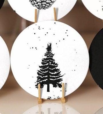 Christmas Placemat|Set of 6 Xmas Supla Table Mat|Black White Pine Tree Round Dining Underplate|Black White Pine Cone Print Winter Coasters