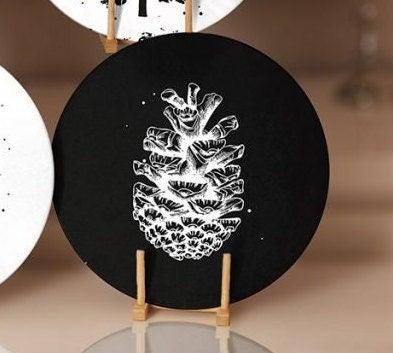 Christmas Placemat|Set of 6 Xmas Supla Table Mat|Black White Pine Tree Round Dining Underplate|Black White Pine Cone Print Winter Coasters