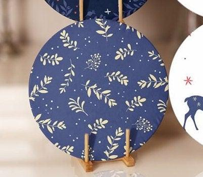 Christmas Placemat|Set of 6 Xmas Supla Table Mat|Blue White Xmas Deer Round Dining Underplate|Gold Color Leaves Print Winter Trend Coasters