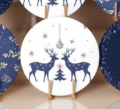 Christmas Placemat|Set of 6 Xmas Supla Table Mat|Blue White Xmas Deer Round Dining Underplate|Gold Color Leaves Print Winter Trend Coasters