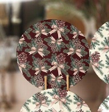 Winter Trend Placemat|Set of 6 Xmas Supla Table Mat|Pine Tree Needles Round Dining Underplate|Pine Cone with Ribbon Print Winter Coasters