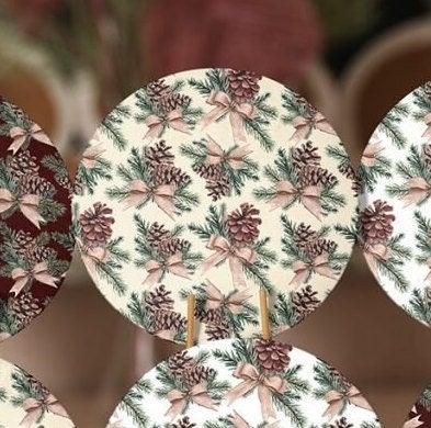 Winter Trend Placemat|Set of 6 Xmas Supla Table Mat|Pine Tree Needles Round Dining Underplate|Pine Cone with Ribbon Print Winter Coasters