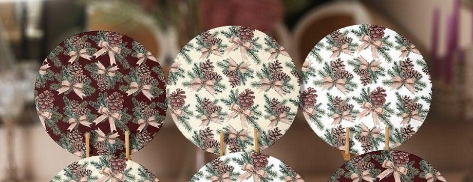 Winter Trend Placemat|Set of 6 Xmas Supla Table Mat|Pine Tree Needles Round Dining Underplate|Pine Cone with Ribbon Print Winter Coasters