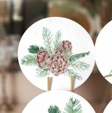 Winter Trend Placemat|Set of 6 Xmas Supla Table Mat|Pine Tree Branches Round Dining Underplate|Pine Cone with Ribbon Print Winter Coasters