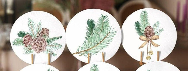 Winter Trend Placemat|Set of 6 Xmas Supla Table Mat|Pine Tree Branches Round Dining Underplate|Pine Cone with Ribbon Print Winter Coasters