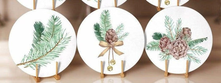 Winter Trend Placemat|Set of 6 Xmas Supla Table Mat|Pine Tree Branches Round Dining Underplate|Pine Cone with Ribbon Print Winter Coasters