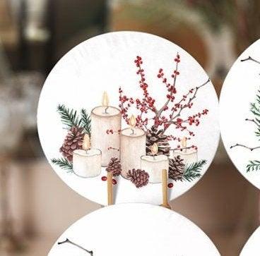 Winter Trend Placemat|Set of 6 Xmas Supla Table Mat|Pine Tree Branches Round Dining Underplate|Red Berry and Candle Print Winter Coaster Set