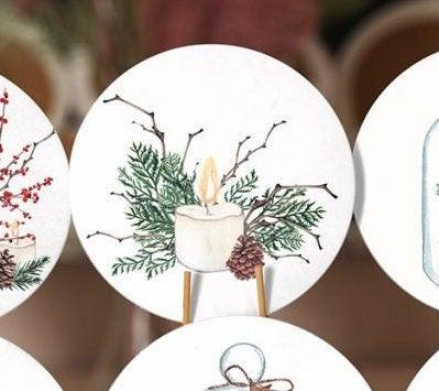 Winter Trend Placemat|Set of 6 Xmas Supla Table Mat|Pine Tree Branches Round Dining Underplate|Red Berry and Candle Print Winter Coaster Set