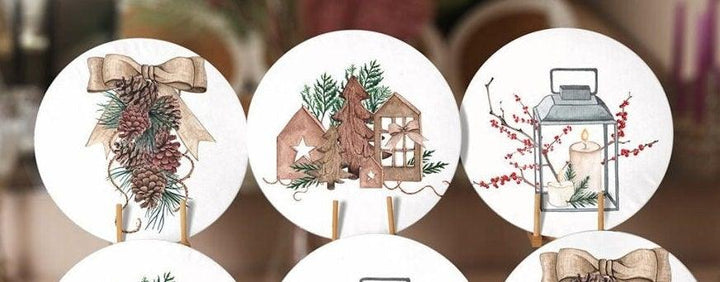 Winter Trend Placemat|Set of 6 Xmas Supla Table Mat|Pine Cone with Ribbon Round Dining Underplate|Candle and Wood Pine Tree Winter Coaster