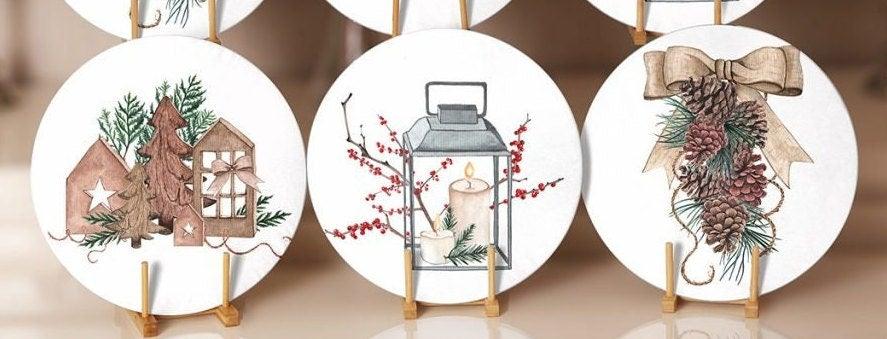 Winter Trend Placemat|Set of 6 Xmas Supla Table Mat|Pine Cone with Ribbon Round Dining Underplate|Candle and Wood Pine Tree Winter Coaster