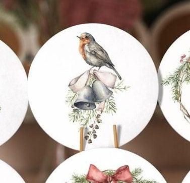 Winter Trend Placemat|Set of 6 Xmas Supla Table Mat|Decorated Xmas Tree Round Dining Underplate|Xmas Bell and Bird Print Winter Coaster Set