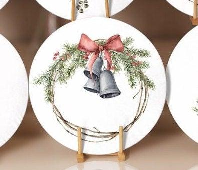 Winter Trend Placemat|Set of 6 Xmas Supla Table Mat|Decorated Xmas Tree Round Dining Underplate|Xmas Bell and Bird Print Winter Coaster Set