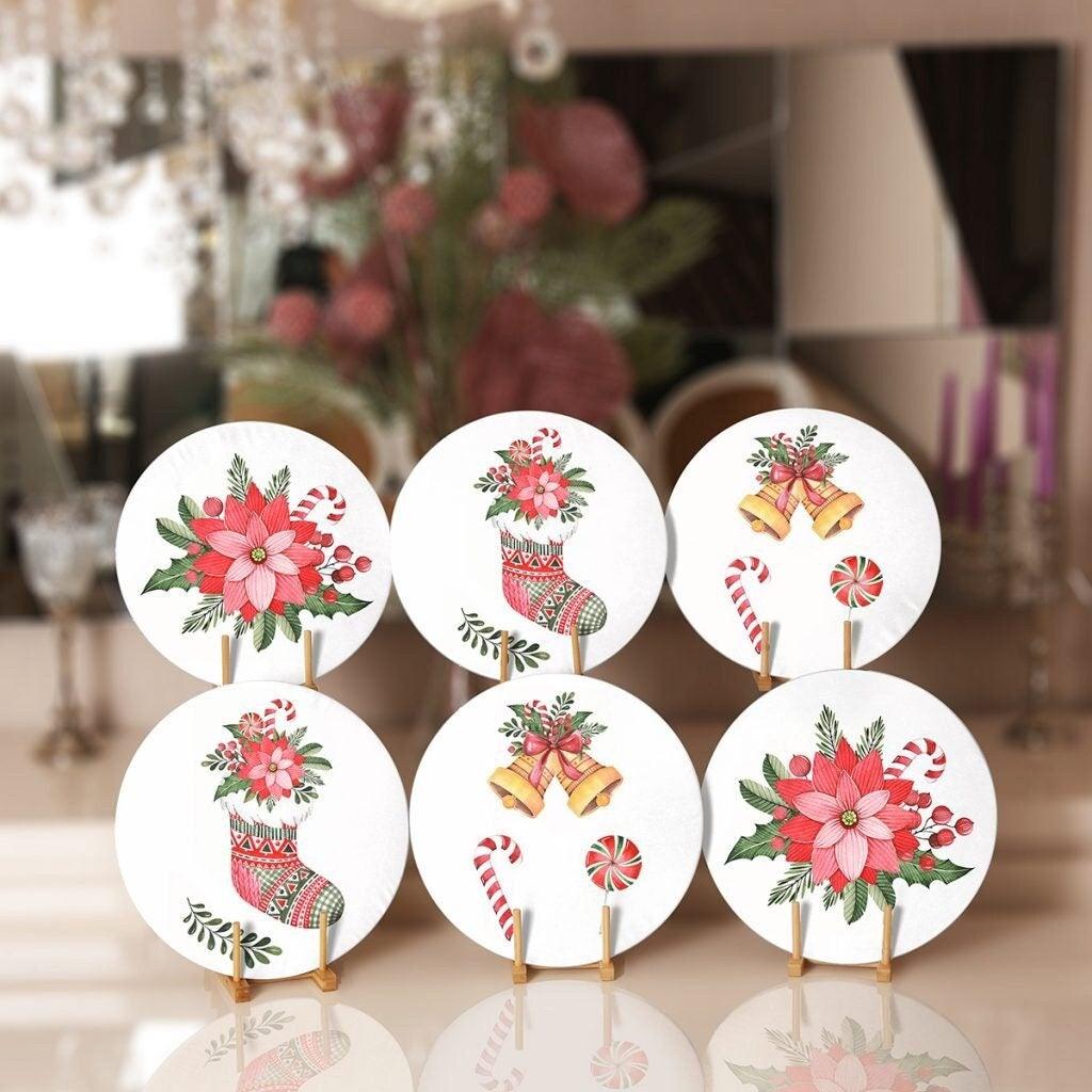 Christmas Placemat|Set of 6 Xmas Supla Table Mat|Red Poinsettia Round Dining Underplate|Floral Xmas Bell and Xmas Socks Winter Coasters Set