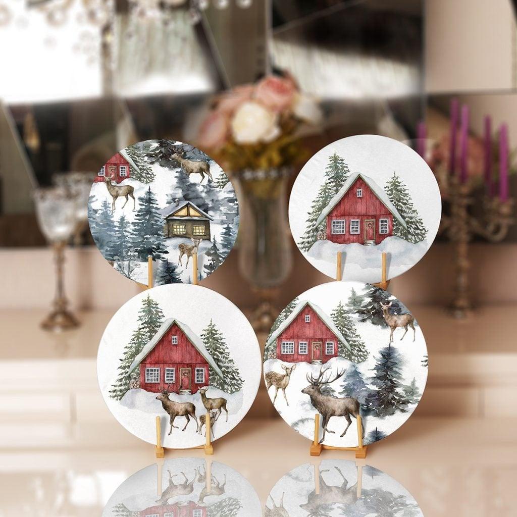 Winter Trend Placemat|Set of 4 Xmas Supla Table Mat|Snow, Deer and Pine Tree Print Round Dining Underplate|House and Snow Winter Coaster Set