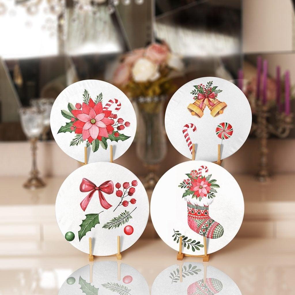 Christmas Placemat|Set of 4 Xmas Supla Table Mat|Red Poinsettia Round Dining Underplate|Floral Xmas Bell and Xmas Socks Winter Coasters Set