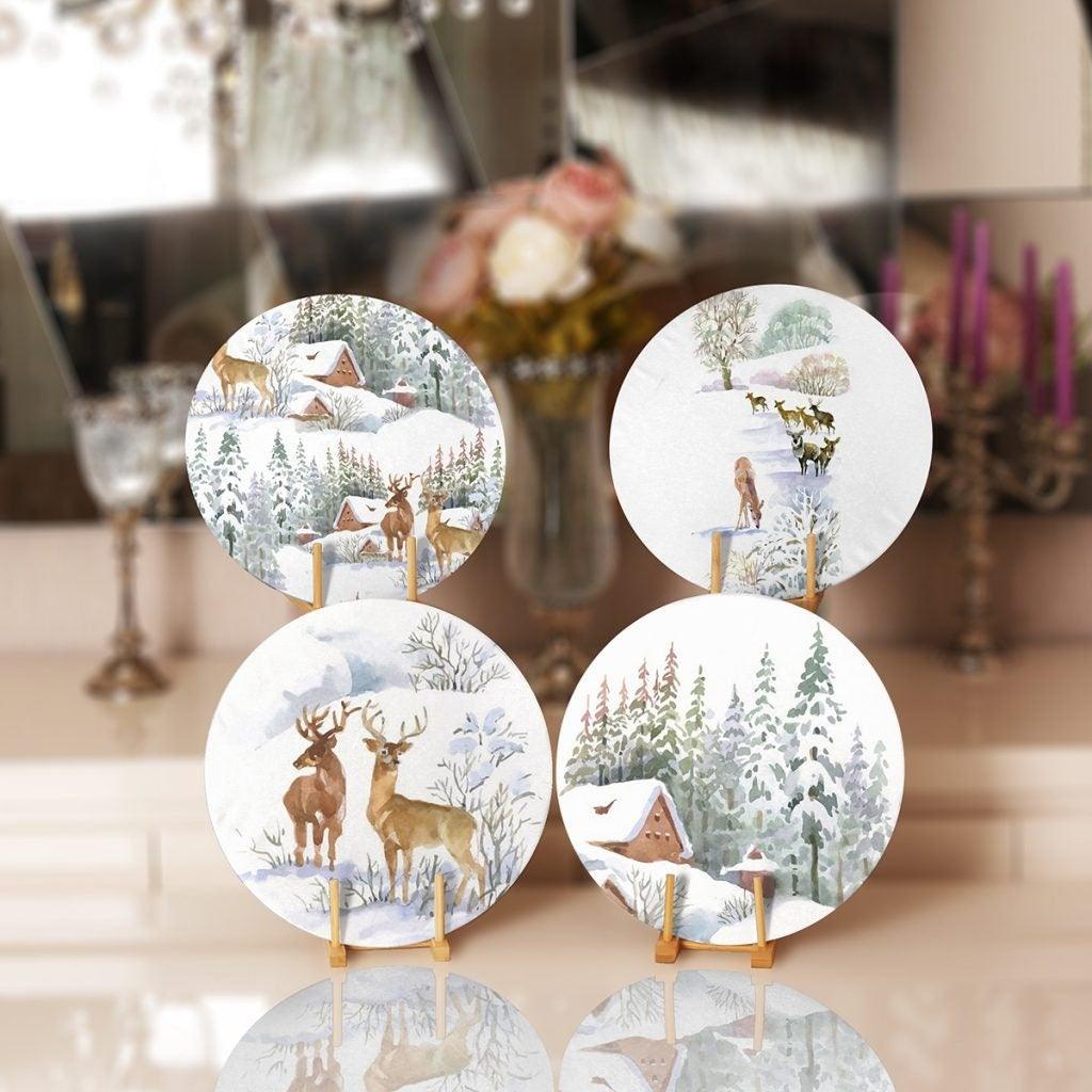 Winter Trend Placemat|Set of 4 Xmas Supla Table Mat|Snow, Deer and Pine Tree Print Round Dining Underplate|Snow House Winter Coaster Set