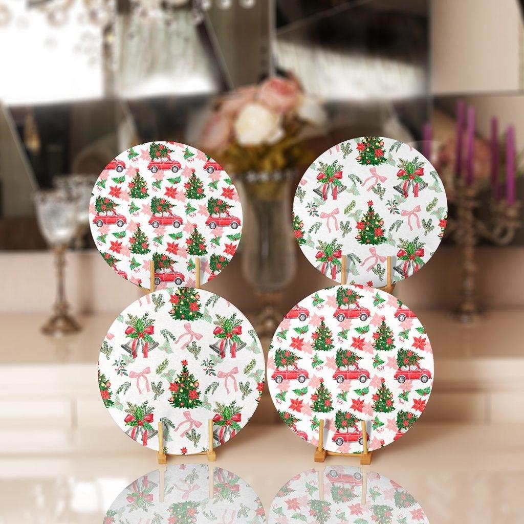 Christmas Placemat|Set of 4 Xmas Supla Table Mat|Decorated Xmas Tree Carrying Red Car Round Dining Underplate|Floral Xmas Bell Print Coaster