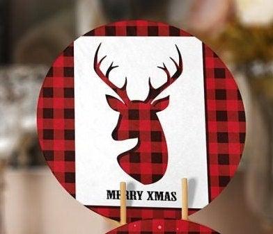 Christmas Placemat|Set of 4 Xmas Supla Table Mat|Buffalo Plaid Xmas Deer Round Dining Underplate|Merry Xmas and Green Leaves Coaster Set