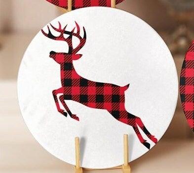 Christmas Placemat|Set of 4 Xmas Supla Table Mat|Buffalo Plaid Xmas Deer Round Dining Underplate|Red Black White Winter Trend Coaster Set