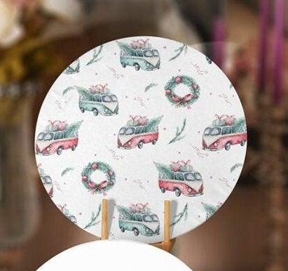 Christmas Placemat|Set of 4 Xmas Supla Table Mat|Xmas Tree Carrying Red, Green Car Round Dining Underplate|Green Van and Xmas Tree Coasters