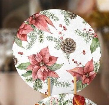 Christmas Placemat|Set of 4 Xmas Supla Table Mat|Red Poinsettia Round Dining Underplate|Cardinal Bird, Pine Cone, Pine Tree Needles Coaster