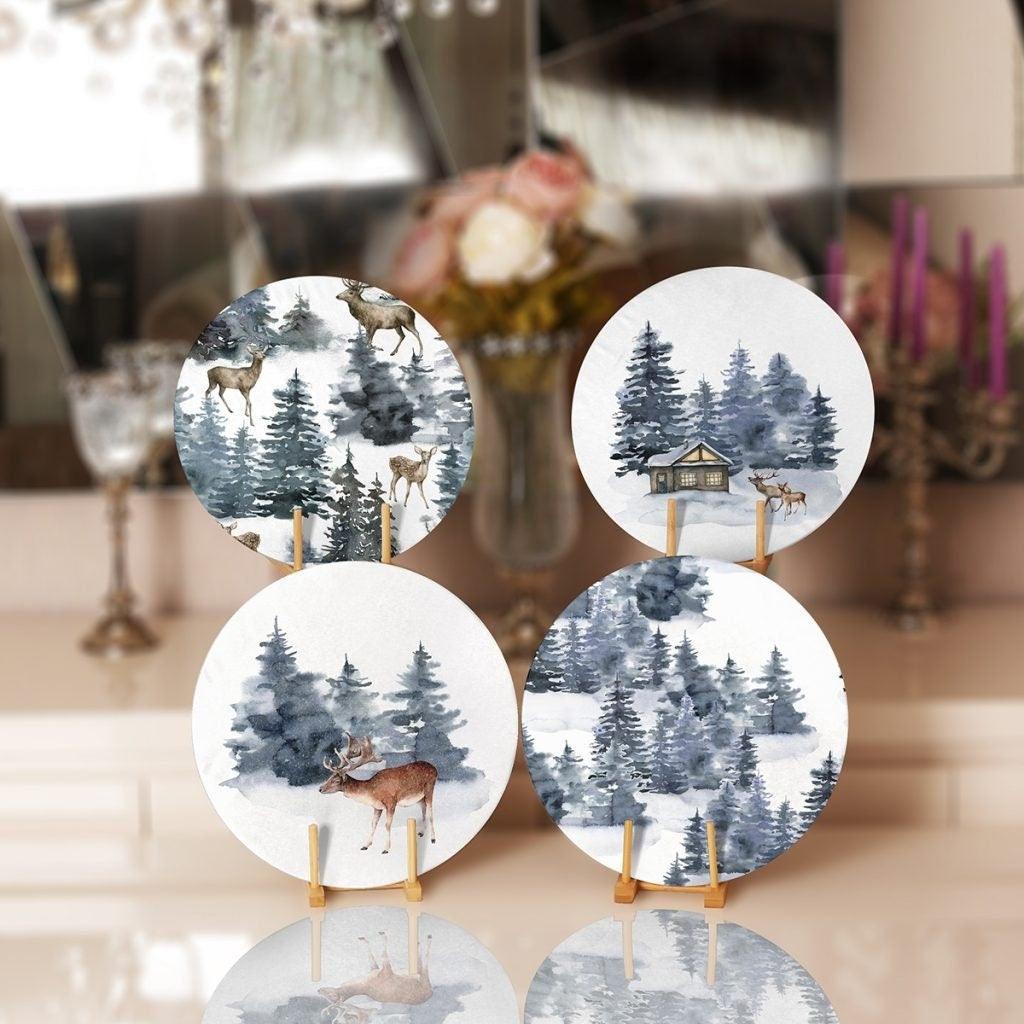 Winter Trend Placemat|Set of 4 Xmas Supla Table Mat|Snow, Pine Tree and Deer Print Round Dining Underplate|House under Snow Winter Coasters