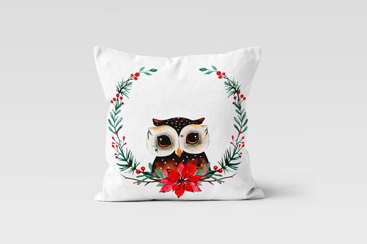 Winter Animals Pillow Cover|Owl, Penguin and Dog Print Throw Pillow Case|Animals and Red Berries Cushion|Decorative Farmhouse Style Pillow