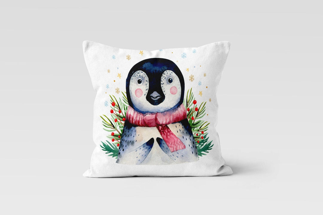 Winter Animals Pillow Cover|Owl, Penguin and Dog Print Throw Pillow Case|Animals and Red Berries Cushion|Decorative Farmhouse Style Pillow