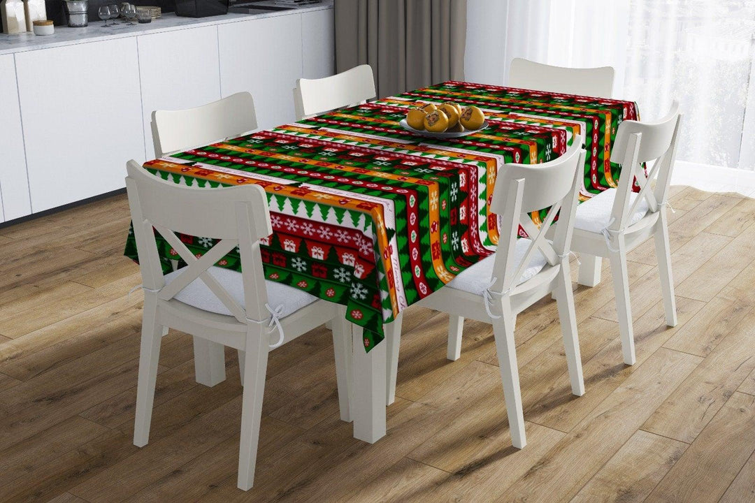 Christmas Tablecloth|Snowflake Table Cover|Striped Design Xmas Tabletop|Housewarming Xmas Design Table Cover|Winter Trend Kitchen Decor