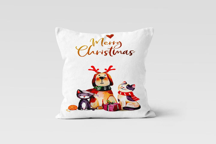 Winter Animals Pillow Cover|Cute Cat and Dog Print Throw Pillow Case|Animals and Winter Themed Cushion|Decorative Farmhouse Style Pillow Top