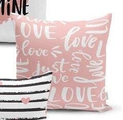 Set of 4 Valentine's Day Pillow Covers and 1 Table Runner|Be Mine and Just Love Print Home Decor|Heart with Stripes Tablecloth and Cushion