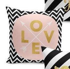 Set of 4 Valentine's Day Pillow Covers and 1 Table Runner|Love, Hello, Thank You Print Home Decor|Heart with Stripes Tablecloth and Cushion