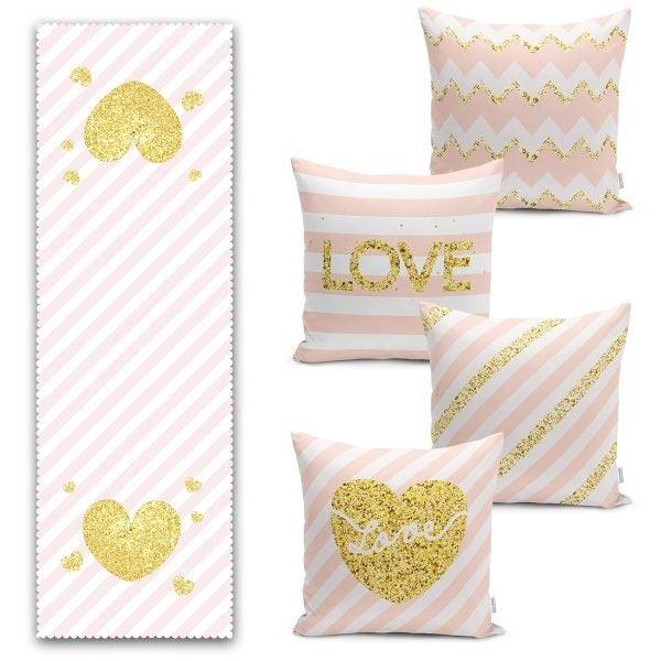 Set of 4 Valentine's Day Pillow Covers and 1 Table Runner|Striped and Zig Zag Pink Gold Love Home Decor|Romantic Tablecloth and Cushion Set