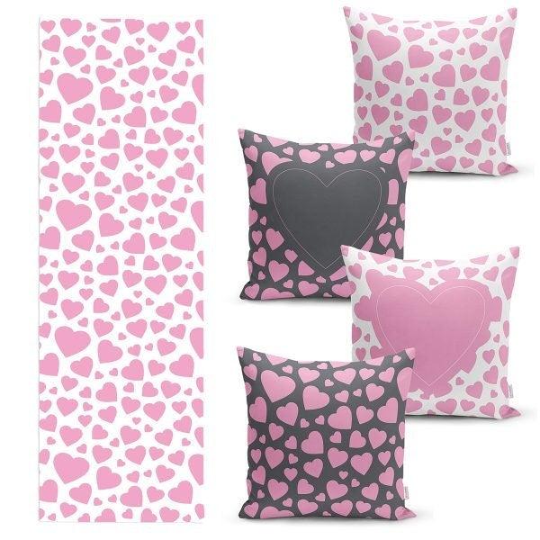 Set of 4 Valentine's Day Pillow Covers and 1 Table Runner|Pink Black Romantic Decor|Heart Print Tablecloth and Cushion|Gift for Valentine