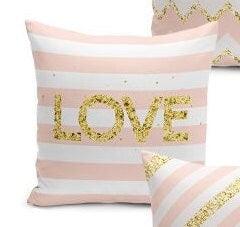 Set of 4 Valentine's Day Pillow Covers and 1 Table Runner|Striped and Zig Zag Pink Gold Love Home Decor|Romantic Tablecloth and Cushion Set