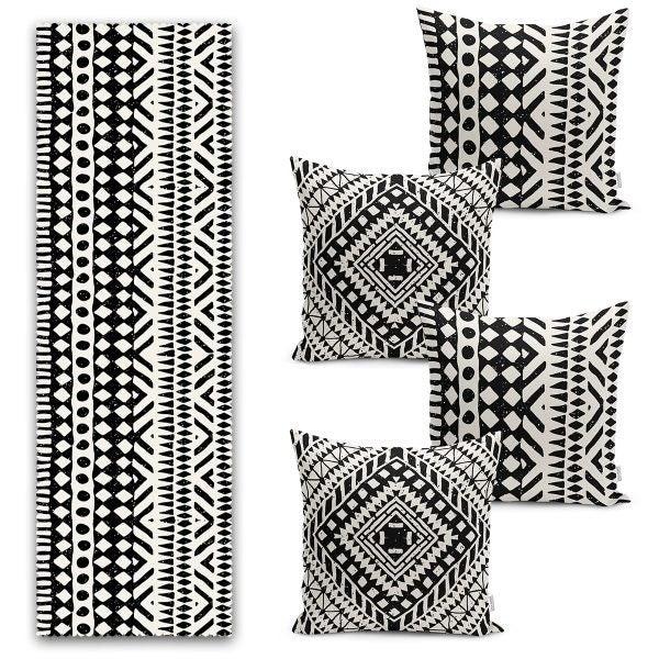 Set of 4 Scandinavian Pillow Covers and 1 Table Runner|Southwestern Home Decor|Decorative Rug Design Tablecloth|Aztec Cushion and Runner Set