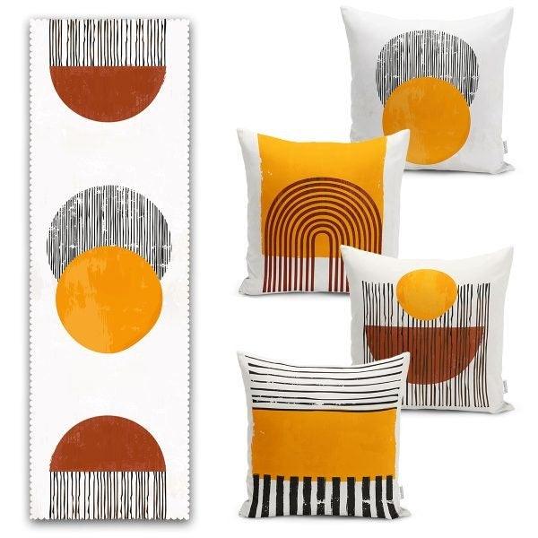 Set of 4 Abstract Pillow Covers and 1 Table Runner|Geometric Home Decor|Round Shapes and Stripes Tablecloth|Onedraw Cushion and Runner Set