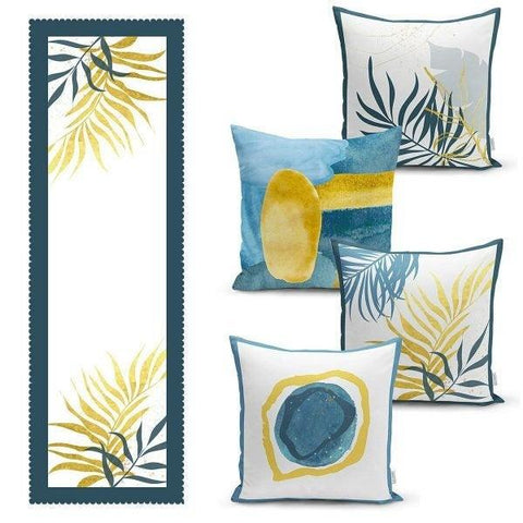 Set of 4 Abstract Pillow Covers and 1 Table Runner|Blue Yellow Home Decor|Decorative Leaf Drawing Tablecloth|Onedraw Cushion and Runner Set