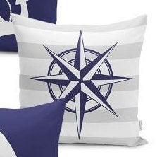 Set of 4 Nautical Pillow Covers and 1 Table Runner|Wheel Print Runner|Navy Anchor, Sailboat, Compass Cushion and Runner|Marine Throw Pillow