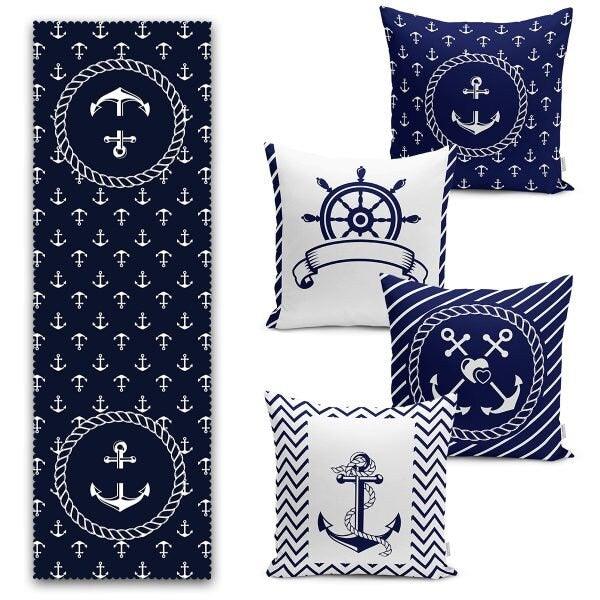 Set of 4 Nautical Pillow Covers and 1 Table Runner|Wheel Print Runner|Blue and White Navy Anchor Cushion and Runner|Marine Throw Pillow Set