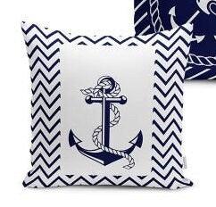 Set of 4 Nautical Pillow Covers and 1 Table Runner|Wheel Print Runner|Blue and White Navy Anchor Cushion and Runner|Marine Throw Pillow Set