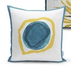 Set of 4 Abstract Pillow Covers and 1 Table Runner|Blue Yellow Home Decor|Decorative Leaf Drawing Tablecloth|Onedraw Cushion and Runner Set