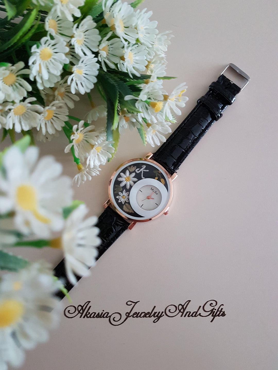 Embroidered Black Wrist Watch|Personalized Daisy Vintage Women Watch|Unique Floral Watch Gift for Mother|Hand Stitched Daisy Embroidery