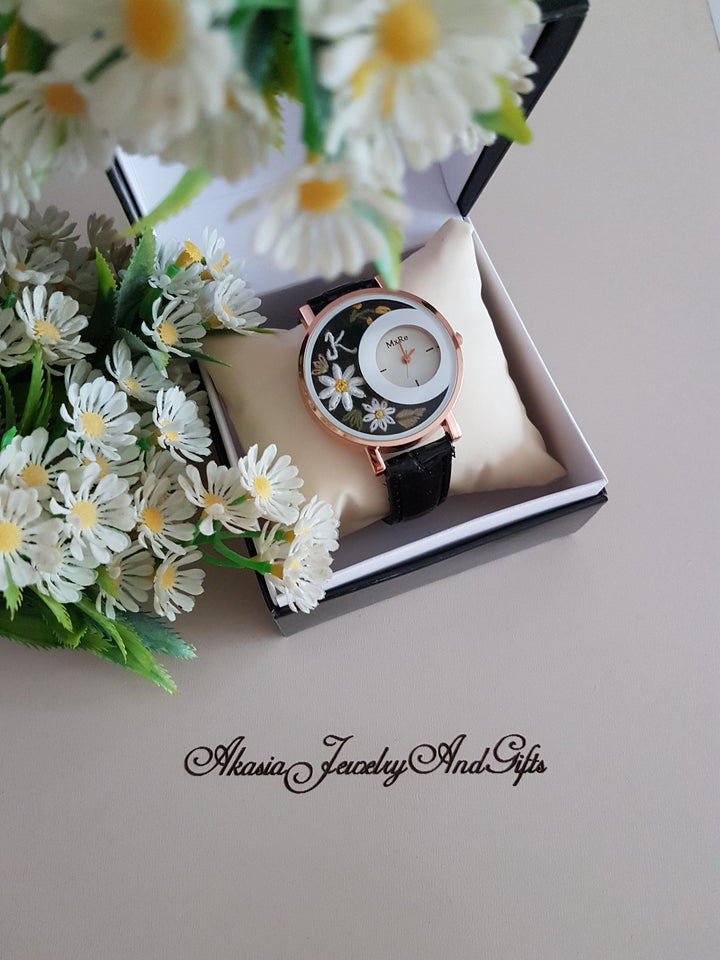 Embroidered Black Wrist Watch|Personalized Daisy Vintage Women Watch|Unique Floral Watch Gift for Mother|Hand Stitched Daisy Embroidery