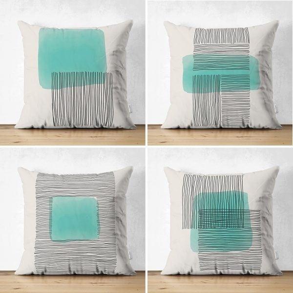 Set of 4 Abstract Pillow Covers|Turquoise and Gray Pillow Cover|Geometric Pillow Case|Outdoor Cushion Cover|Decorative Throw Pillow Case Set