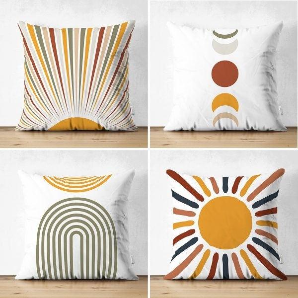 Set of 4 Abstract Pillow Covers|Sun and Moon Phases Drawing Pillow Top|Geometric Outdoor Cushion Cover|Decorative Throw Pillow Cover Set